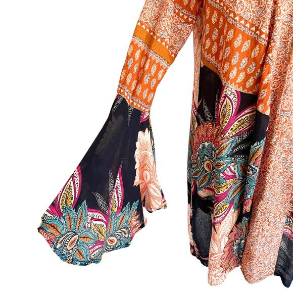 Umgee Rust Blue Floral Print Boho Dress Sz SMALL Bell Cuff Flowy Bohemian Fall - Picture 6 of 9